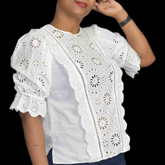 Veronica Beard Gale Blouse White Floral Eyelet Cotton Top Lattice Scallop Size 2 - Picture 3 of 16